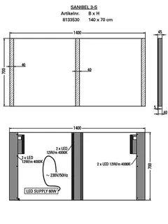 sanibel Leuchtspiegel LED-3S A18 mit satiniert Lichtstreifen L/M/R 1400x700mm – Bild 2