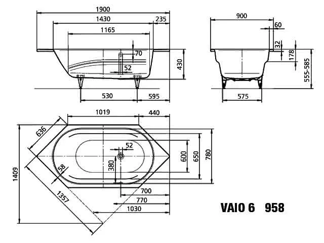 6-Eck Wanne 190x90x43 cm,mit MA, m.Arml. more4YOU, topweiß