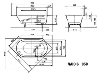 6-Eck Wanne 190x90x43 cm,mit MA, m.Arml. more4YOU, topweiß