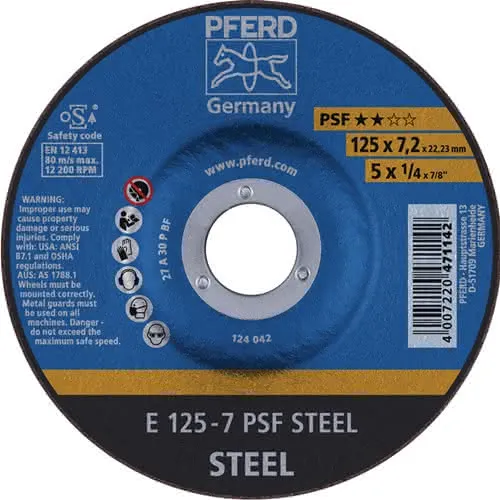 Schruppscheibe PSF STEEL D125xS7,2mm gekr.STA Bohr.22,23mm PFERD