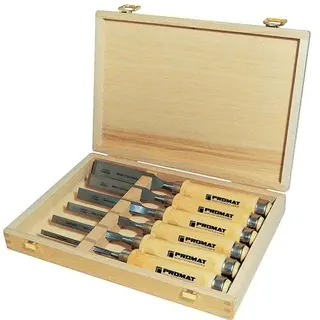 Stechbeitelsatz 6,10,12,16,20,26mm Weißbuchenh.Ulmer Form 6-tlg.HO-Kasten
