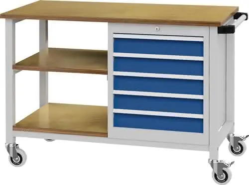 Werkbank B1200xT540xH880mm Buche Multiplex lichtgrau/signalblau 5 Schubl.