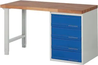 Werkbank Ser.BK 650 B1500xT700xH840mm Buche massiv lichtgrau enzianblau