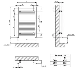 sanibel 1001-Badheizkörper A15 gerade BH 800 mm BL 600mm RAL 9016 weiß – Bild 3