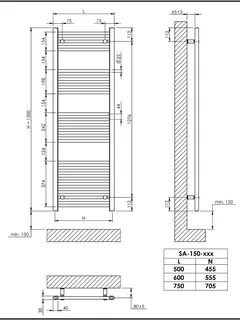 sanibel 1001-Badheizkörper A15 gerade BH 1500 mm BL 600mm RAL 9016 weiß – Bild 2