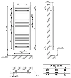 sanibel 1001-Badheizkörper A15 ger. 50mm BH 1300 mm BL 500mm RAL 9016 weiß – Bild 2