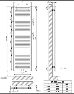 sanibel 1001-Badheizkörper A15 ger. 50mm BH 1800 mm BL 500mm RAL 9016 weiß – Bild 3