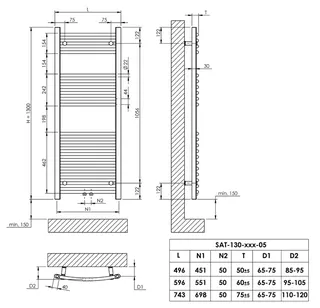 sanibel 1001-Badheizkörper A15 geb. 50mm BH 1300 mm BL 500mm RAL 9016 weiß – Bild 3
