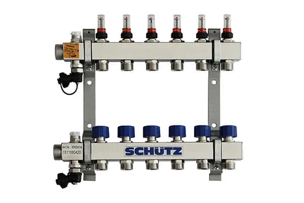 Schütz Verteiler Typ Komfort 90-3 aus Edelstahl 6 Heizkreise L=370mm, 3053414