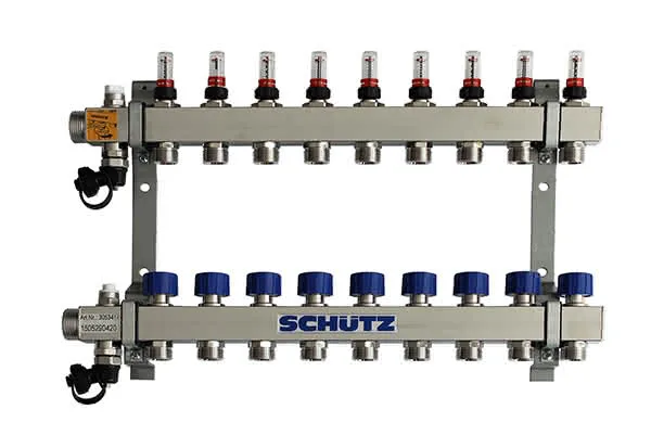Schütz Verteiler Typ Komfort 90-3 aus Edelstahl 9 Heizkreise L=520mm, 3053417