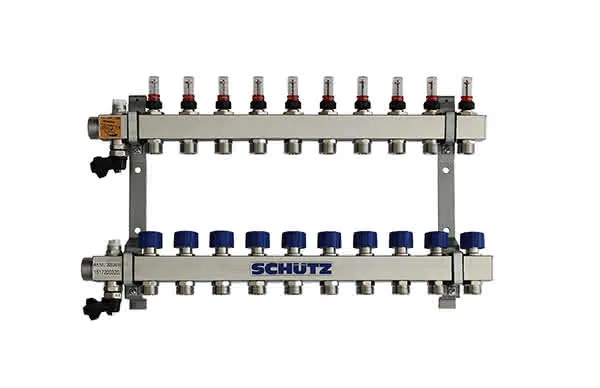 Schütz Verteiler Typ Komfort 90-3 aus Edelstahl 10 Heizkreise L=570mm, 3053418