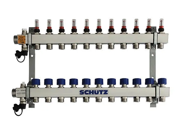 Schütz Verteiler Typ Komfort 90-3 aus Edelstahl 11 Heizkreise L=620mm, 3053419