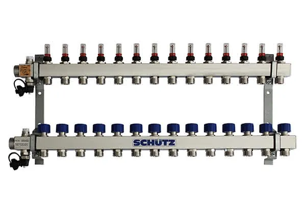 Schütz Verteiler Typ Komfort 90-3 aus Edelstahl 14 Heizkreise L=770mm, 3053422