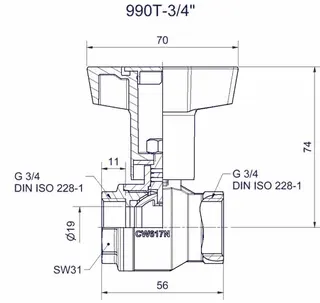 comfort-Heizungskugelhahn DN 20 (3/4") IG mit Iso-T-Griff Messing vernickelt – Bild 2