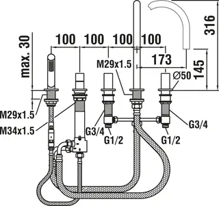 5-Loch Wannenfüllkombination K-LAUFEN Ausladung 173mm + Handbrause chrom – Bild 2
