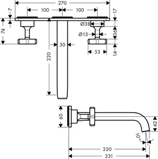 Hansgrohe 3-L.Waschtischarmatur Axor Citterio E Fertigset Wandmontage chrom mit Platte – Bild 2