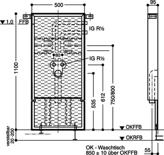 Meroblock-Universal-Waschtisch-Mono Typ 1100 für Einlochbatterie, WT/3-18-59