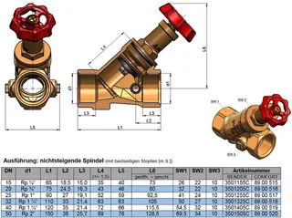 comfort-Freistromventil nichtsteigend beidseitige Stopfen DN40 (11/2") Rotguss – Bild 2