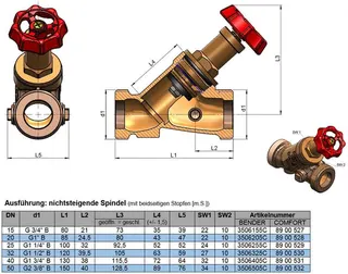 comfort-Freistromventil nichtsteig beid- seitige Stopfen AG DN 15 (1/2") Rotguss – Bild 2