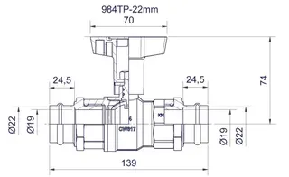 comfort-Kugelhahn für Trinkwasser Press- anschluss 22mm Iso-T-Griff Ms/vc – Bild 2