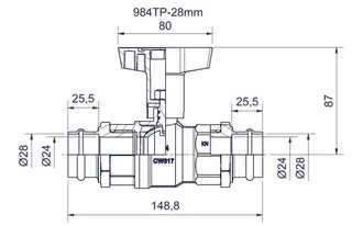 comfort-Kugelhahn für Trinkwasser Press- anschluss 28mm Iso-T-Griff Ms/vc – Bild 2