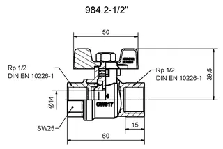 comfort-Kugelhahn Universal für Gas und Trinkwasser DN15(1/2") Flügelgriff Ms/vc – Bild 2