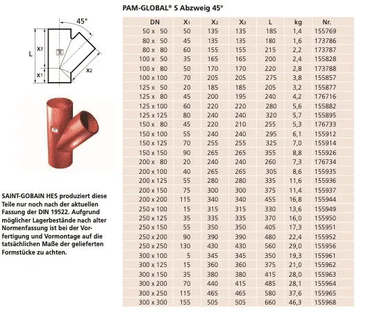 SML-Abzweige Abgang DN 70 x 70, 45 Grad