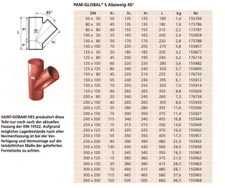 SML-Abzweige Abgang DN 70 x 70, 45 Grad