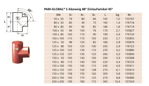 SML-Abzweige Abgang DN 70 x 50, 88 Grad