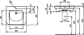 Ideal Standard Waschtisch Contour 21, 1 Hahnloch, mit Überlauf, unterfahrbar, 600x555x175mm, Weiß – Bild 3