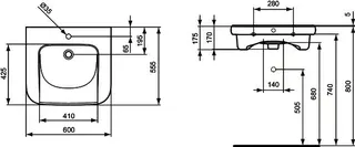 Ideal Standard Waschtisch Contour 21, 1 Hahnloch, mit Überlauf, unterfahrbar, 600x555x175mm, Weiß – Bild 4