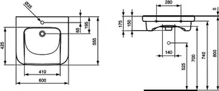 Ideal Standard Waschtisch Contour 21, 1 Hahnloch, ohne Überlauf, unterfahrbar, 600x555x175mm, Weiß – Bild 2