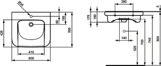 Ideal Standard Waschtisch Contour 21, 1 Hahnloch, ohne Überlauf, unterfahrbar, 600x555x175mm, Weiß – Bild 3