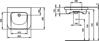 Ideal Standard Waschtisch Contour 21, ohne Hahnloch, ohne Überlauf, unterfahrbar, 600x555x175mm, Weiß – Bild 2