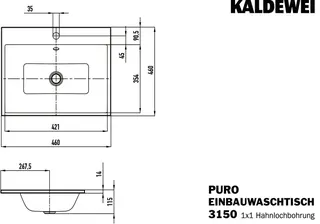 Kaldewei WB PURO EINBAUWASCHTISCH Mod.3150,460 x460mm,alpinweiß,PEFF,AD,m. 1HL,mÜL,chr – Bild 5