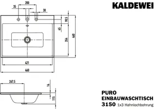 Kaldewei WB PURO EINBAUWASCHTISCH Mod.3150,460 x460mm,alpinweiß,PEFF,AD,m. 3HL,mÜL,chr – Bild 5