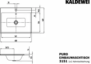 Kaldewei WB PURO EINBAUWASCHTISCH Mod.3151,600 x460mm,alpinweiß,PEFF,AD,m. 1HL,mÜL,chr – Bild 5