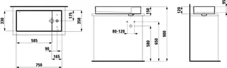 Waschtisch-Schale K-LAUFEN 350x750x150 ohne Hahnloch ohne Überlauf m. Arm-bank rechts grau matt – Bild 2