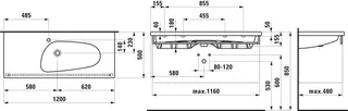 Laufen Waschtisch PALOMBA 500x1200x180 asym. 1 Hahnloch links mit Überlauf Ablg. li. weiß – Bild 2