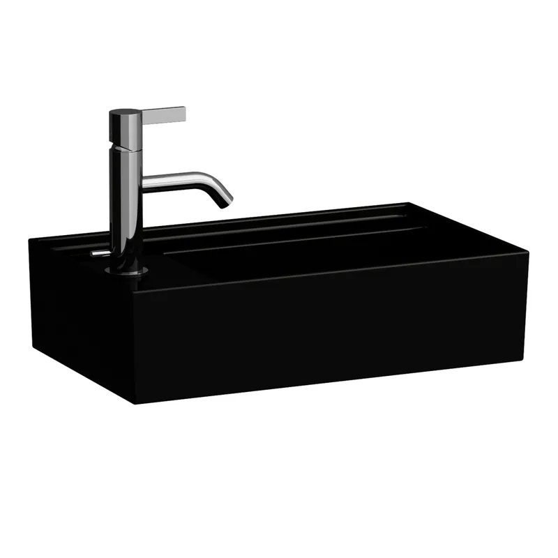 HWB K-LAUFEN 280x460x150 asym. 1 Hahnloch ohne Überlauf m.Arm-bank. links schw glzd