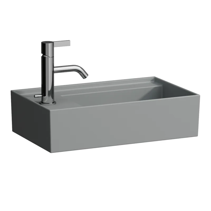 HWB K-LAUFEN 280x460x150 asym. ohne Hahnloch ohne Überlauf m. Arm-bank links grau ma.