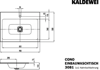 Kaldewei WB CONO EINBAUWASCHTISCH Mod.3081,900 x500mm,alpinweiß,PEFF,AD,m. 1HL,oÜL – Bild 3