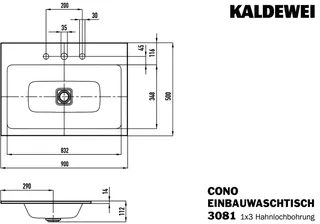 Kaldewei WB CONO EINBAUWASCHTISCH Mod.3081,900 x500mm,alpinweiß,PEFF,AD,m. 3HL,oÜL – Bild 3