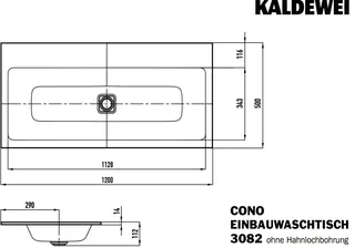 Kaldewei WB CONO EINBAUWASCHTISCH Mod.3082, 1200x500mm,alpinweiß,Perl-Effekt,AD,oÜL – Bild 3