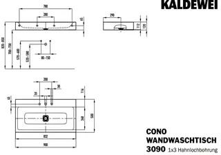 Kaldewei WB CONO WANDWASCHTISCH Mod.3090,900x 500mm,alpinweiß,PEFF,AD,m. 3HL,oÜL – Bild 3