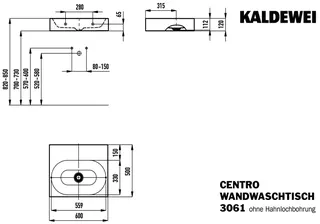 Kaldewei WB CENTRO WANDWASCHTISCH Mod.3061,600 x500mm,alpinweiß,Perl-Effekt,AD,oÜL – Bild 3