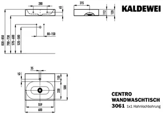Kaldewei WB CENTRO WANDWASCHTISCH Mod.3061,600 x500mm,alpinweiß,Perl-Effekt,m. 1HL,oÜL – Bild 3