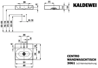 Kaldewei WB CENTRO WANDWASCHTISCH Mod.3061,600 x500mm,alpinweiß,Perl-Effekt,m. 3HL,oÜL – Bild 3
