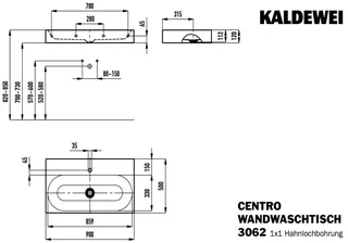 Kaldewei WB CENTRO WANDWASCHTISCH Mod.3062,900 x500mm,alpinweiß,Perl-Effekt,m. 1HL,oÜL – Bild 3