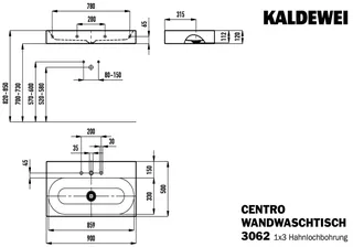 Kaldewei WB CENTRO WANDWASCHTISCH Mod.3062,900 x500mm,alpinweiß,Perl-Effekt,m. 3HL,oÜL – Bild 3
